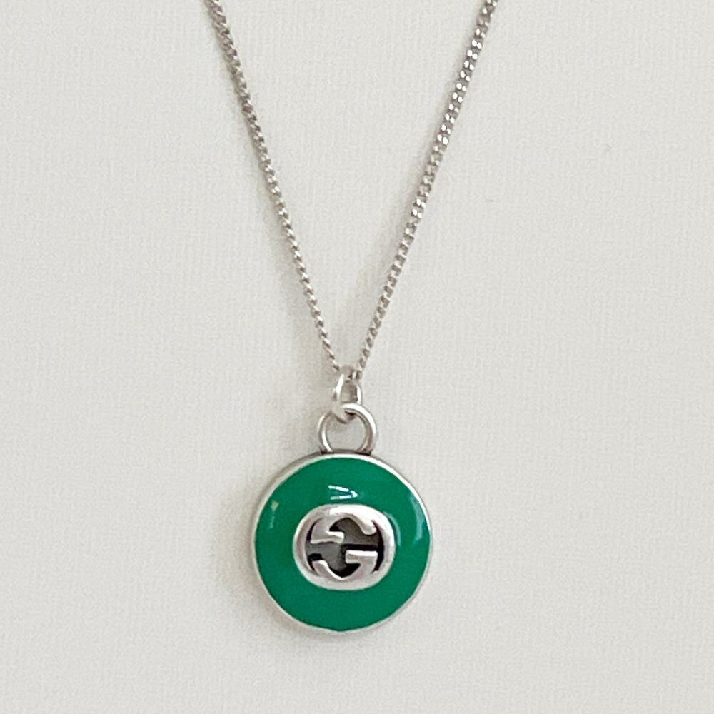 GUCCI Zipper Pull Necklace Pendant Green Enamel Silver Vintage